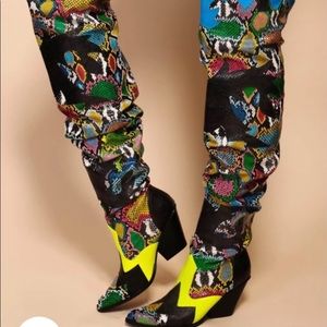 Thigh high bright multi color snakeskin boot